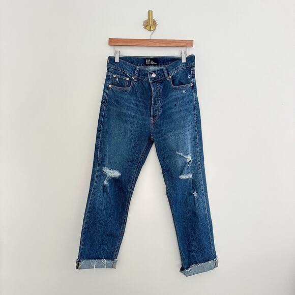 Gap Denim High Rise Cheeky Distressed Button Fly Cuffed Straight Jeans Blue 8 - Picture 1 of 9